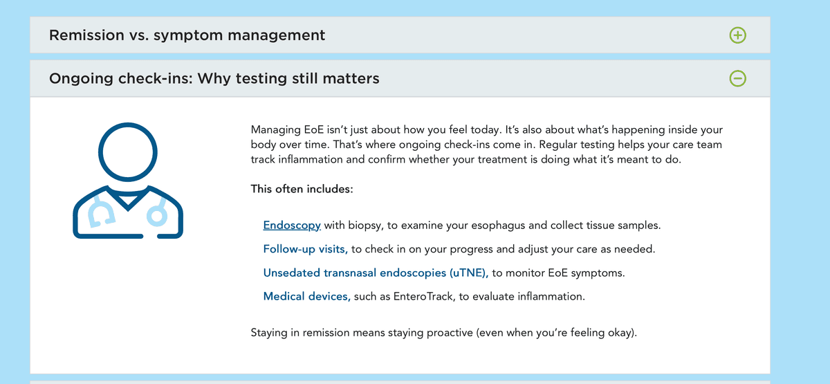 Screenshot of MyEoELife site featuring EnteroTrack under ongoing check-ins